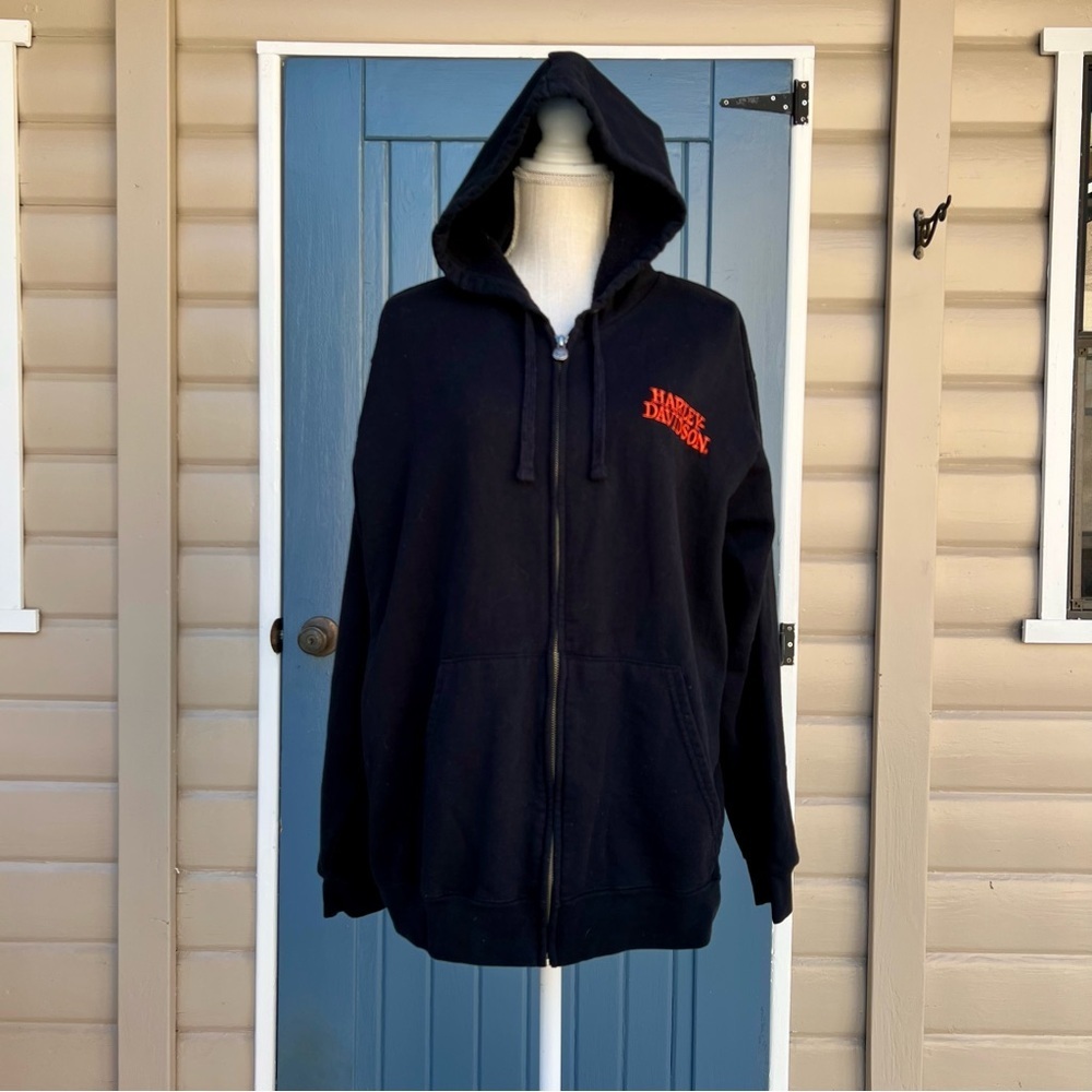 Harley-Davidson Black Hoodie with Orange Skull Design Men Size Large - Picture 2 of 8